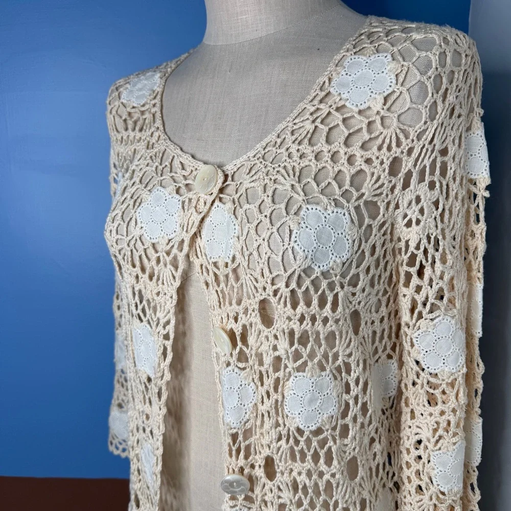 Vintage Cream Crochet Cardigan with White Flower Accents Open Knit Boho Festival